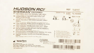 Teleflex 5-22107 Hudson RCI Preformed Uncuffed Tracheal Tube 3.5 ID x 4.9mmOD(x)